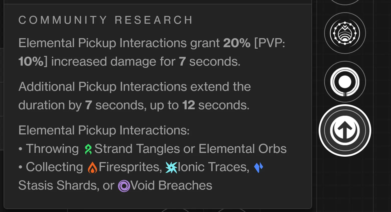 a screenshot of the Collective Action perk on D2Foundry showing the "Community Research" information (sourced from Clarity) with its styling options like element icons